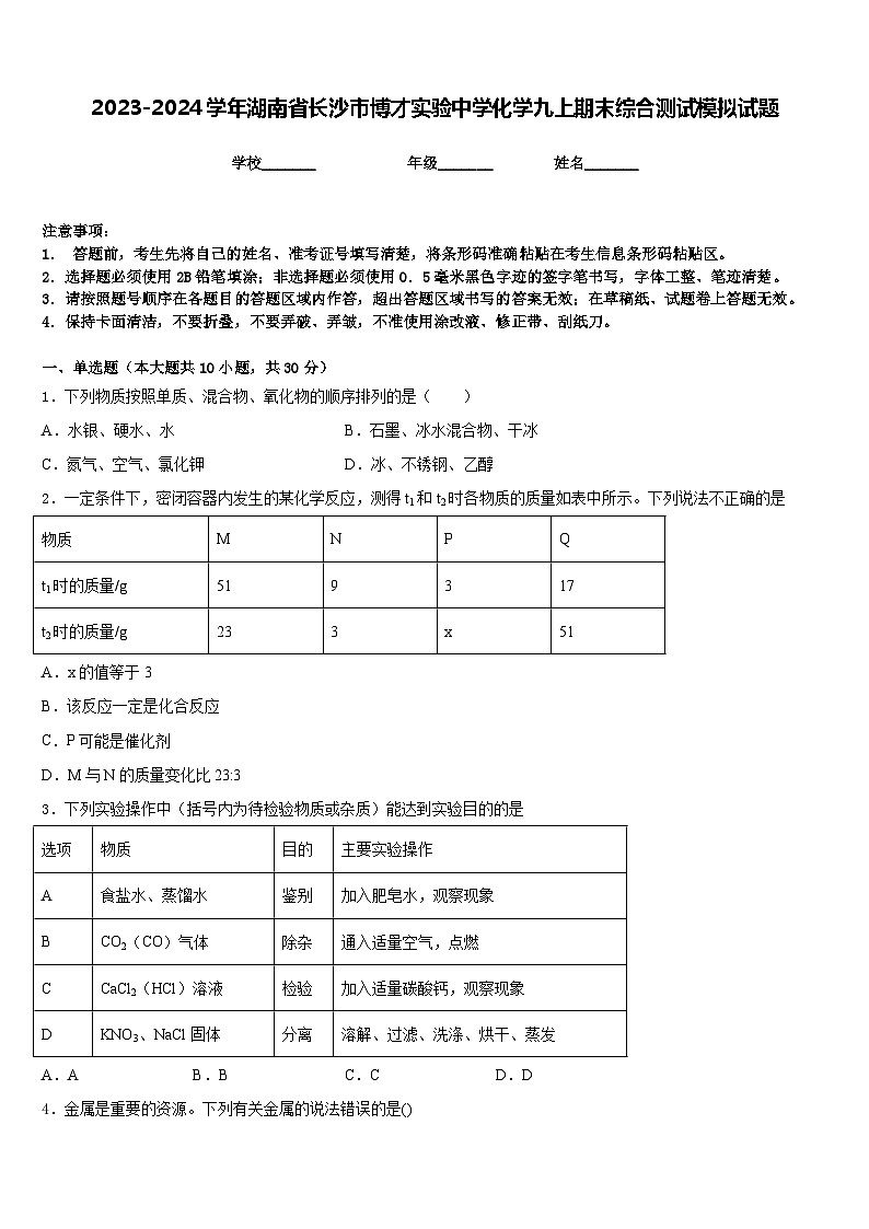 2023-2024学年湖南省长沙市博才实验中学化学九上期末综合测试模拟试题含答案01