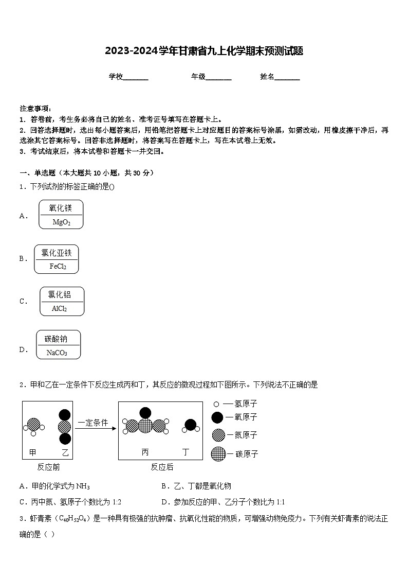 2023-2024学年甘肃省九上化学期末预测试题含答案第1页