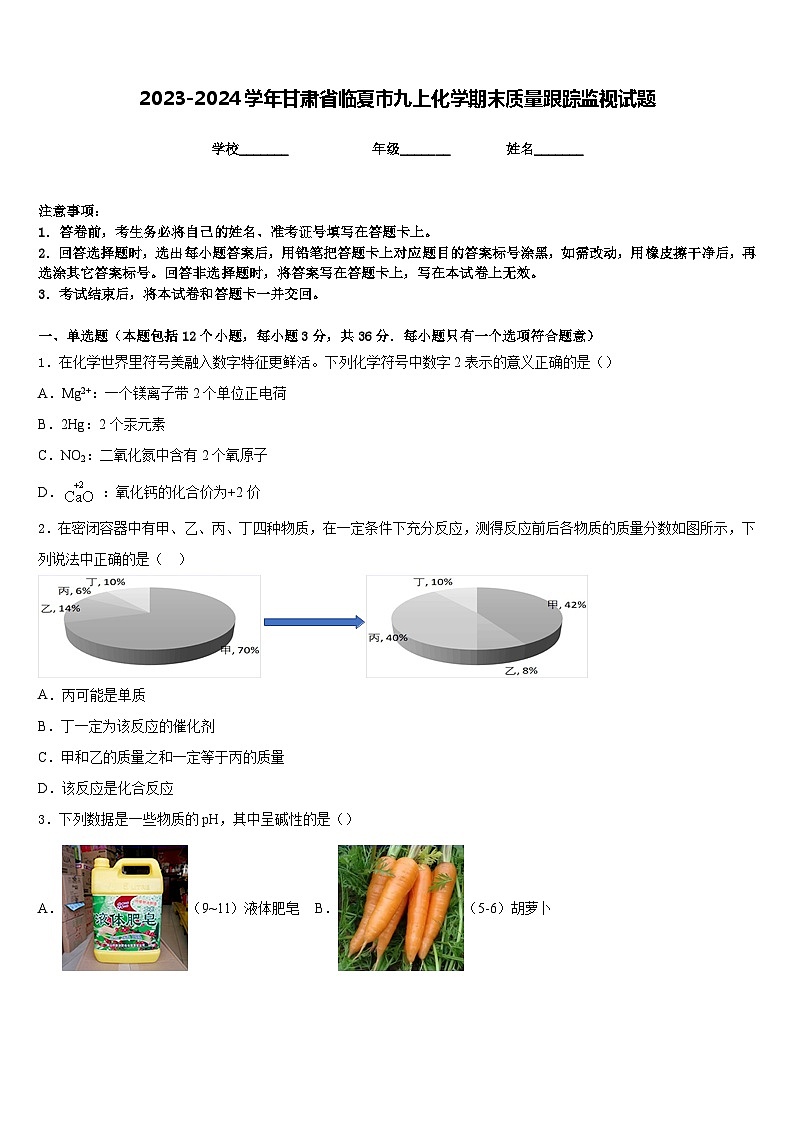 2023-2024学年甘肃省临夏市九上化学期末质量跟踪监视试题含答案01