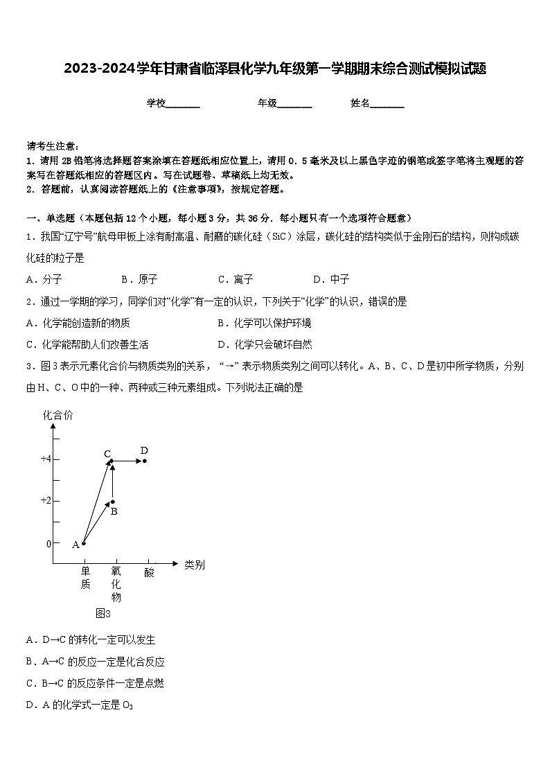 2023-2024学年甘肃省临泽县化学九年级第一学期期末综合测试模拟试题含答案第1页
