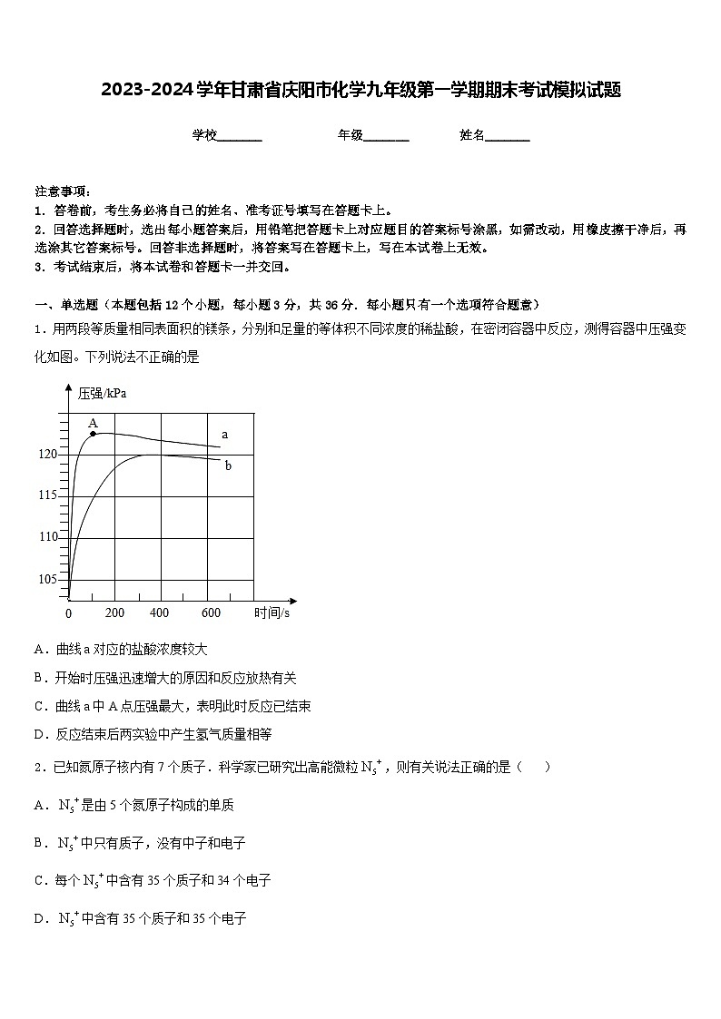 2023-2024学年甘肃省庆阳市化学九年级第一学期期末考试模拟试题含答案第1页