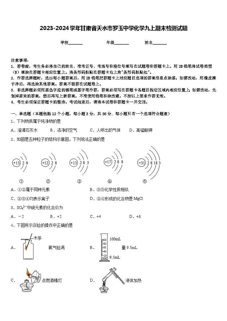 2023-2024学年甘肃省天水市罗玉中学化学九上期末检测试题含答案01