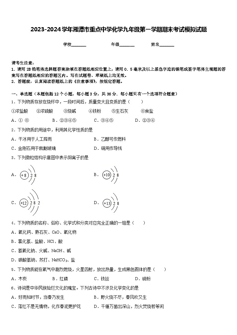 2023-2024学年湘潭市重点中学化学九年级第一学期期末考试模拟试题含答案第1页