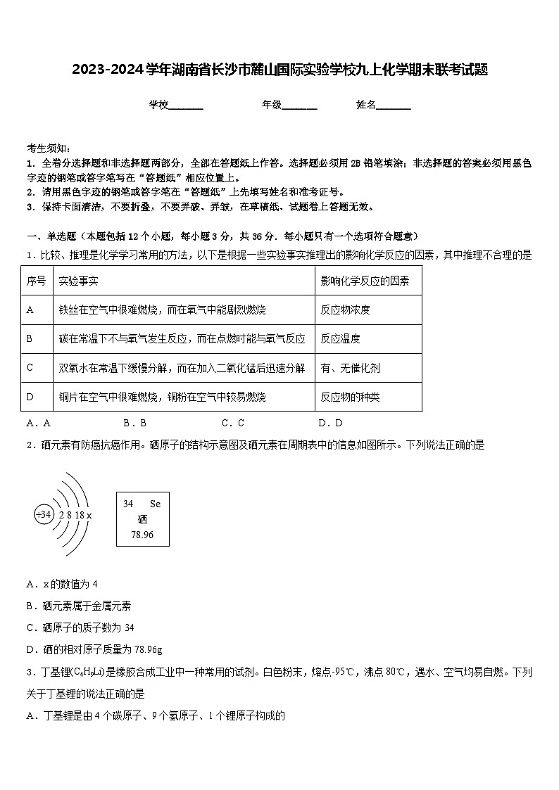 2023-2024学年湖南省长沙市麓山国际实验学校九上化学期末联考试题含答案01