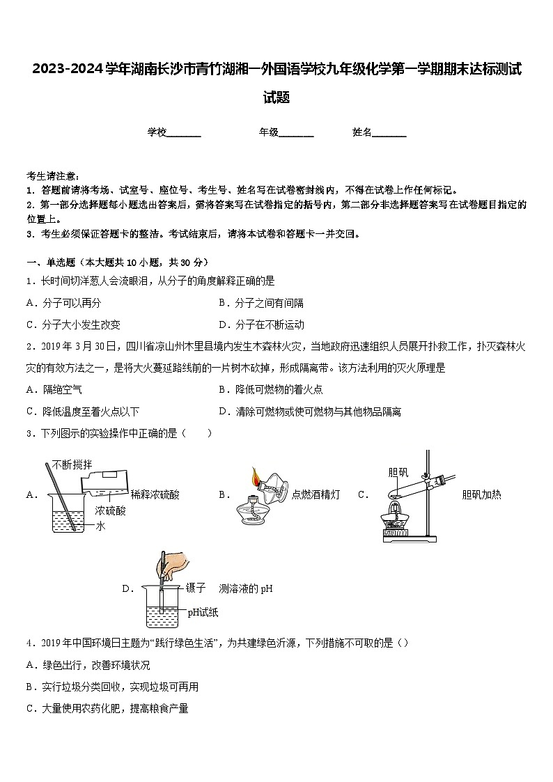 2023-2024学年湖南长沙市青竹湖湘一外国语学校九年级化学第一学期期末达标测试试题含答案第1页