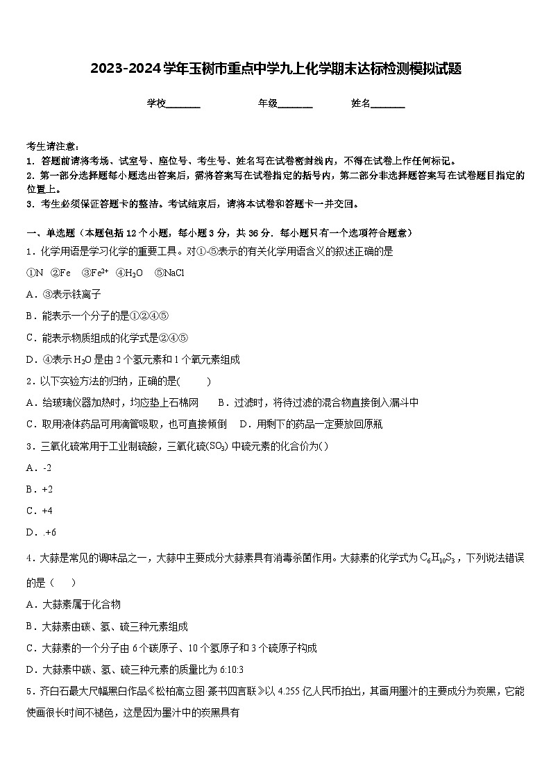 2023-2024学年玉树市重点中学九上化学期末达标检测模拟试题含答案第1页