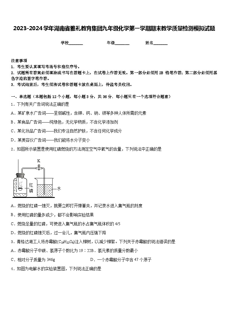 2023-2024学年湖南省雅礼教育集团九年级化学第一学期期末教学质量检测模拟试题含答案01