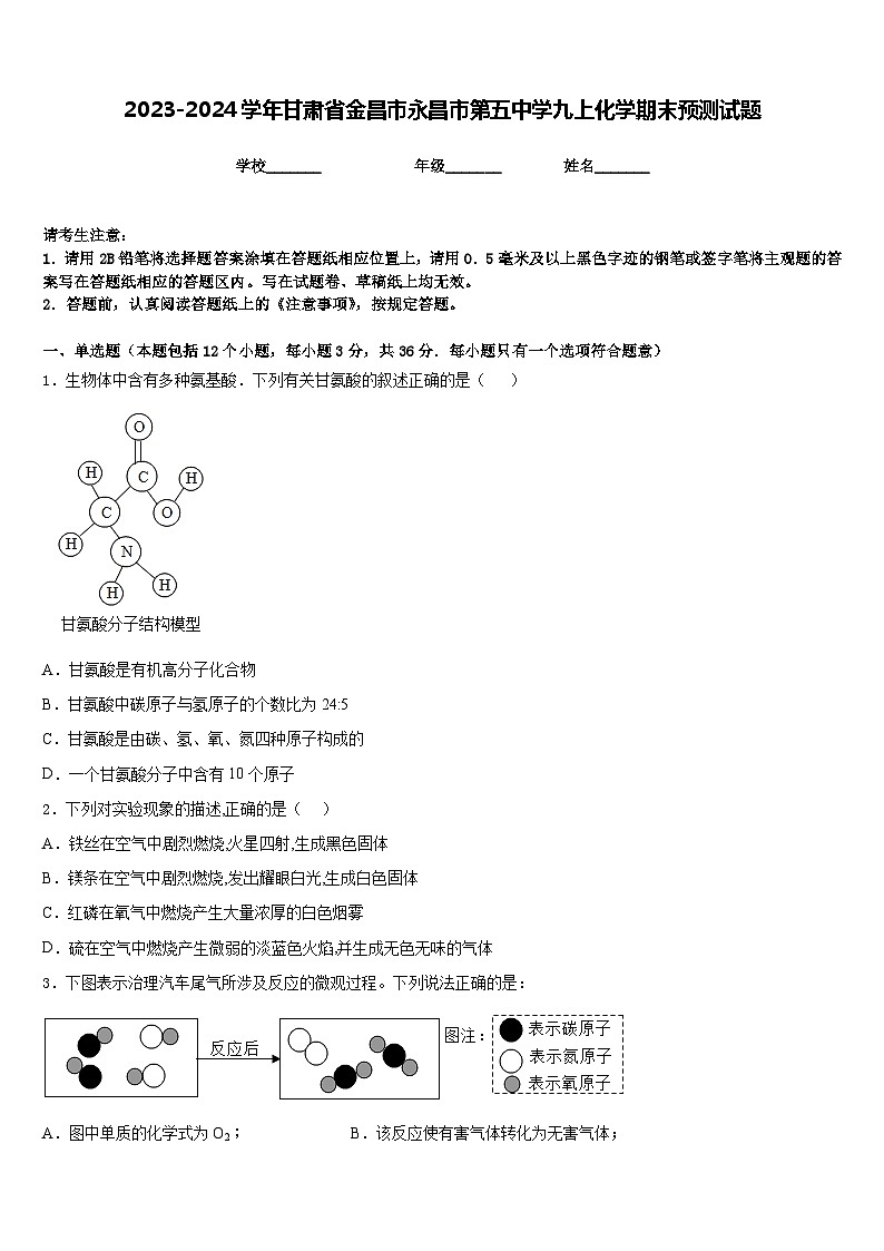 2023-2024学年甘肃省金昌市永昌市第五中学九上化学期末预测试题含答案01