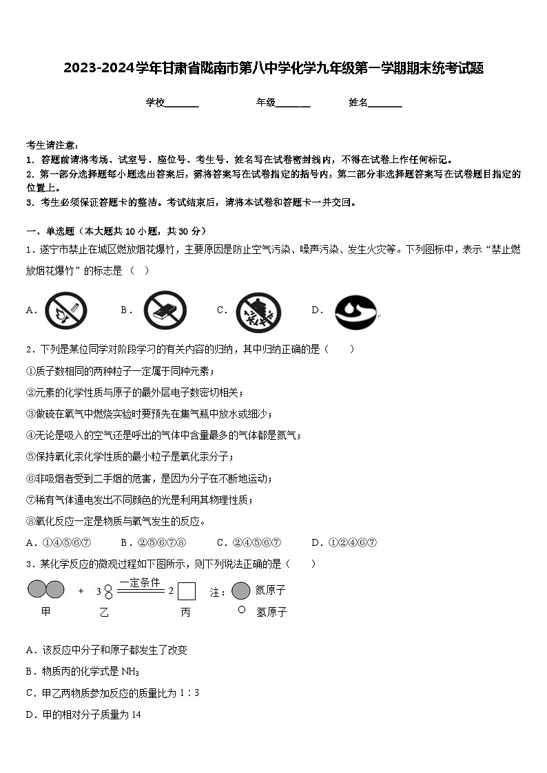 2023-2024学年甘肃省陇南市第八中学化学九年级第一学期期末统考试题含答案第1页