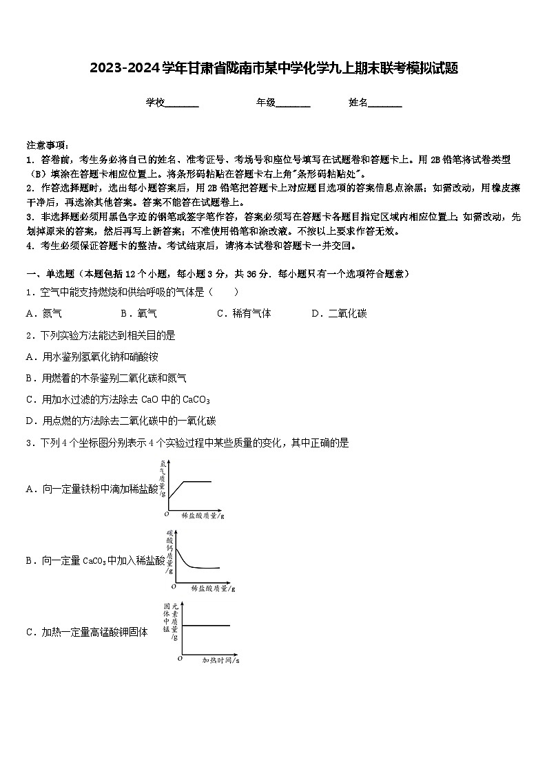 2023-2024学年甘肃省陇南市某中学化学九上期末联考模拟试题含答案01