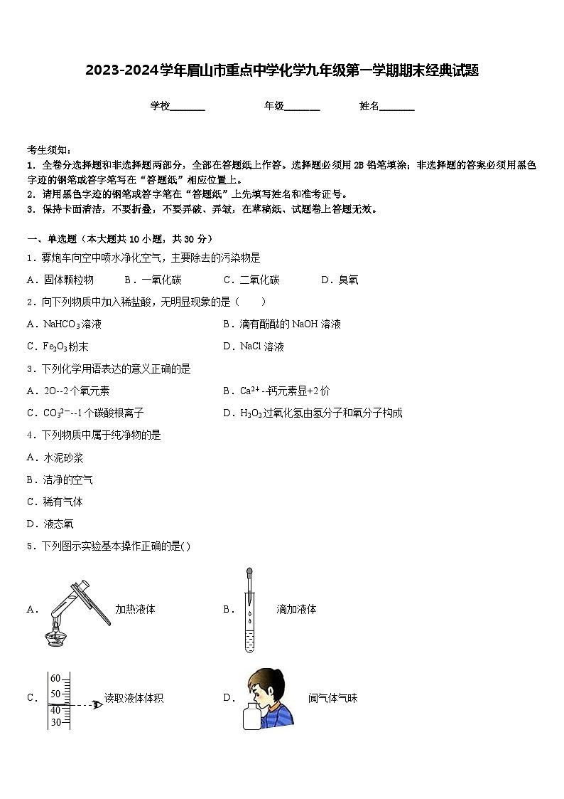 2023-2024学年眉山市重点中学化学九年级第一学期期末经典试题含答案第1页
