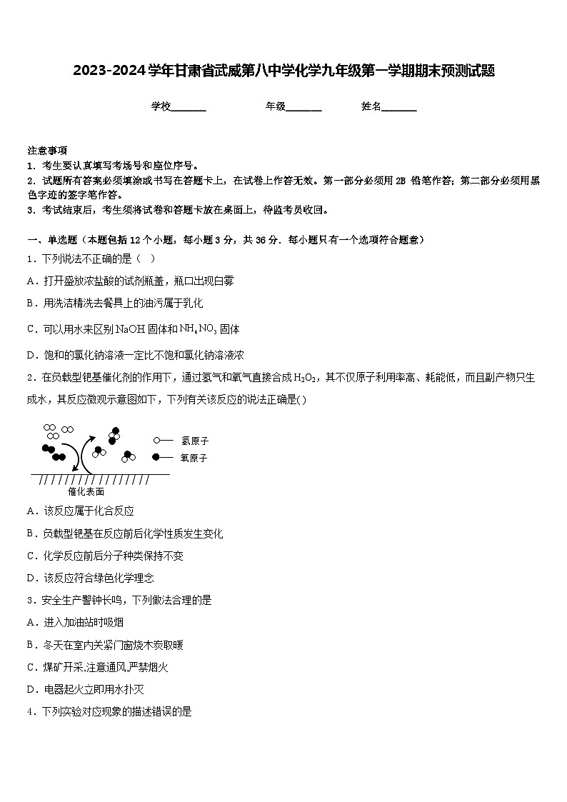 2023-2024学年甘肃省武威第八中学化学九年级第一学期期末预测试题含答案第1页