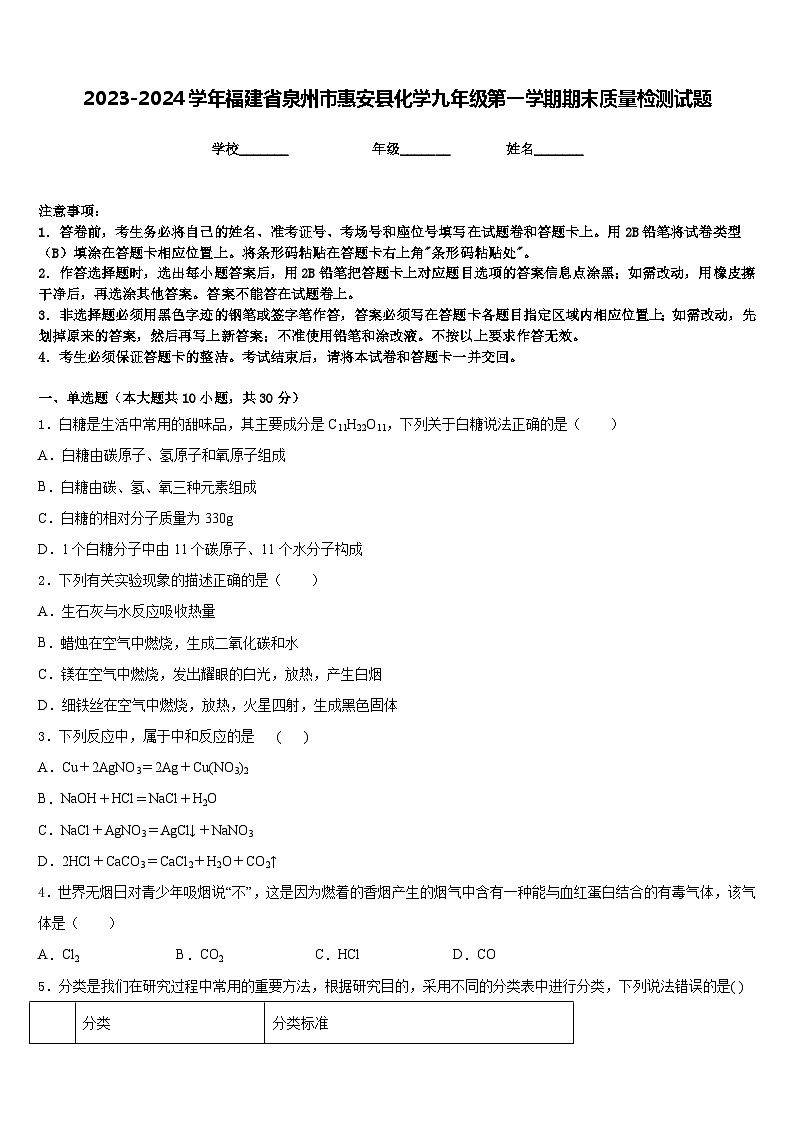 2023-2024学年福建省泉州市惠安县化学九年级第一学期期末质量检测试题含答案第1页
