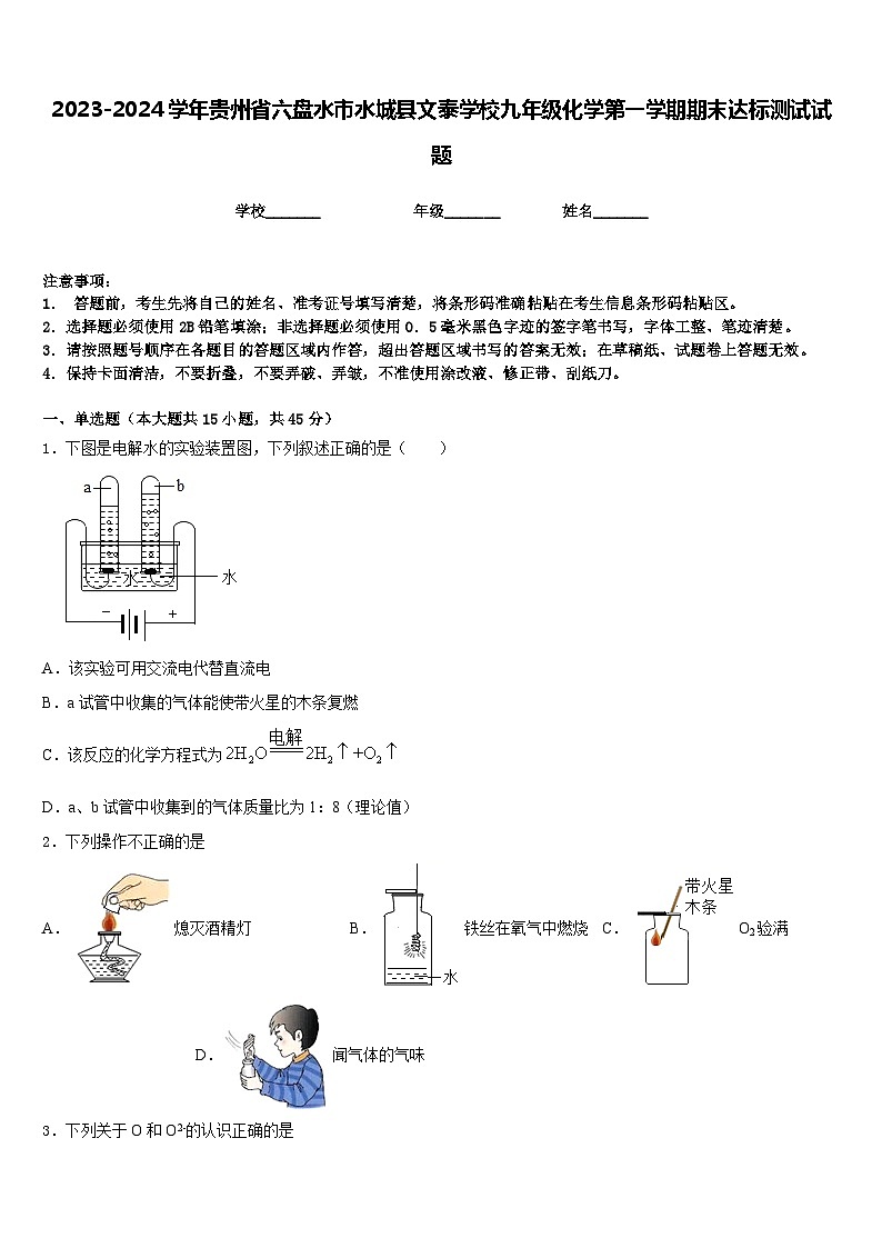 2023-2024学年贵州省六盘水市水城县文泰学校九年级化学第一学期期末达标测试试题含答案第1页