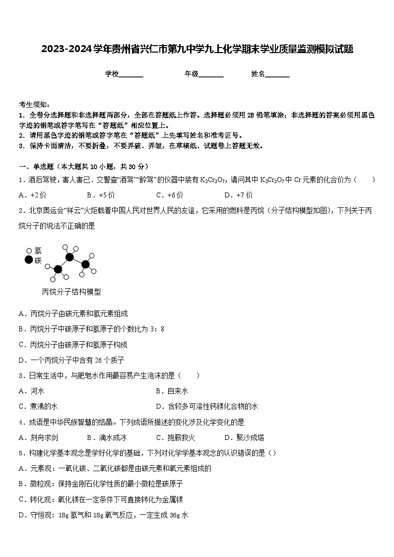 2023-2024学年贵州省兴仁市第九中学九上化学期末学业质量监测模拟试题含答案01