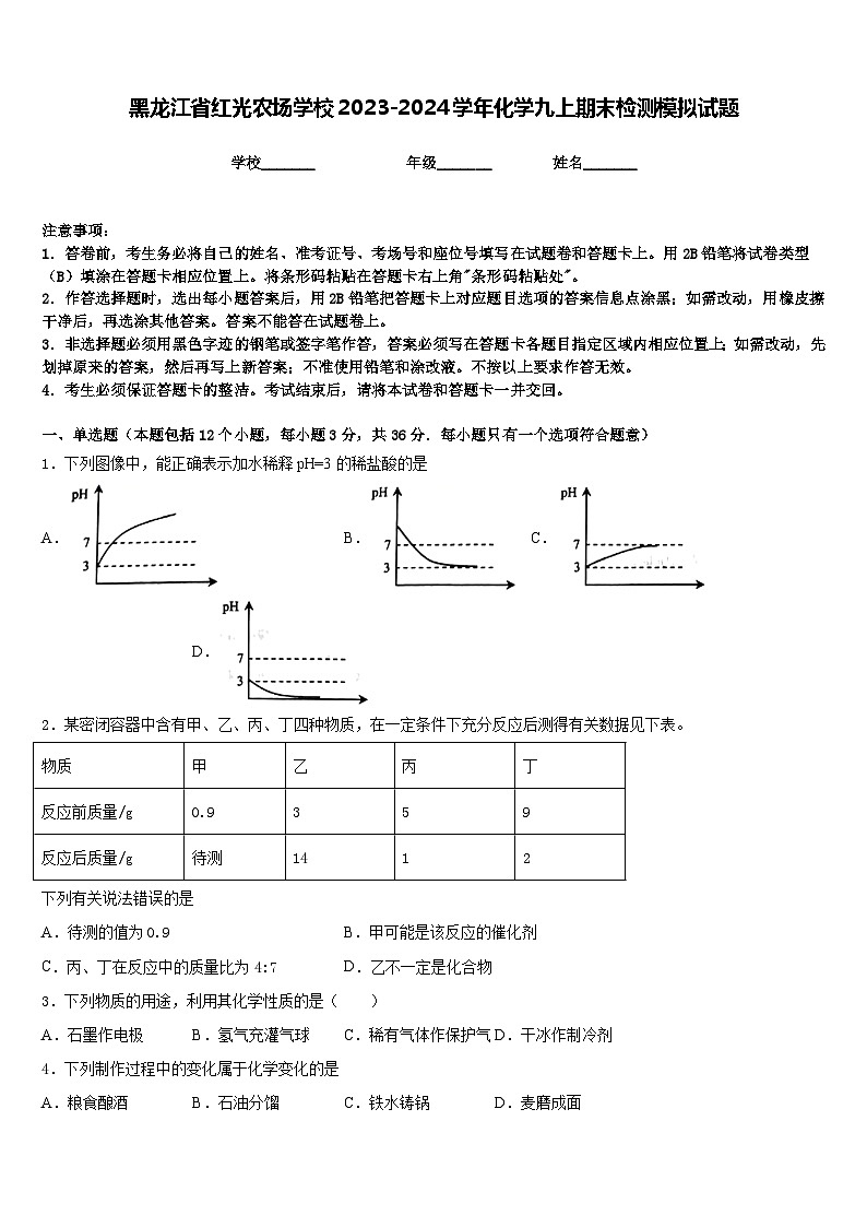 黑龙江省红光农场学校2023-2024学年化学九上期末检测模拟试题含答案第1页