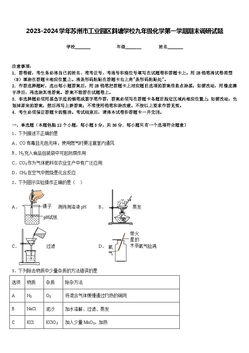 2023-2024学年苏州市工业园区斜塘学校九年级化学第一学期期末调研试题含答案01