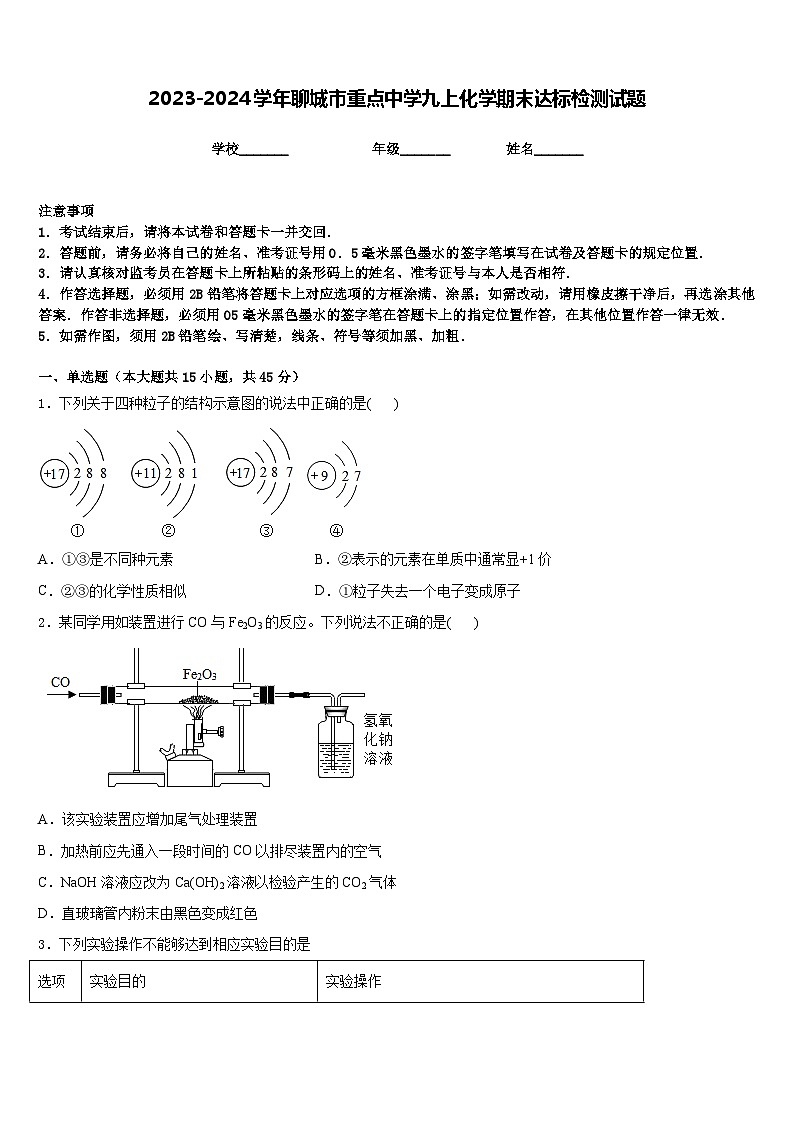 2023-2024学年聊城市重点中学九上化学期末达标检测试题含答案第1页