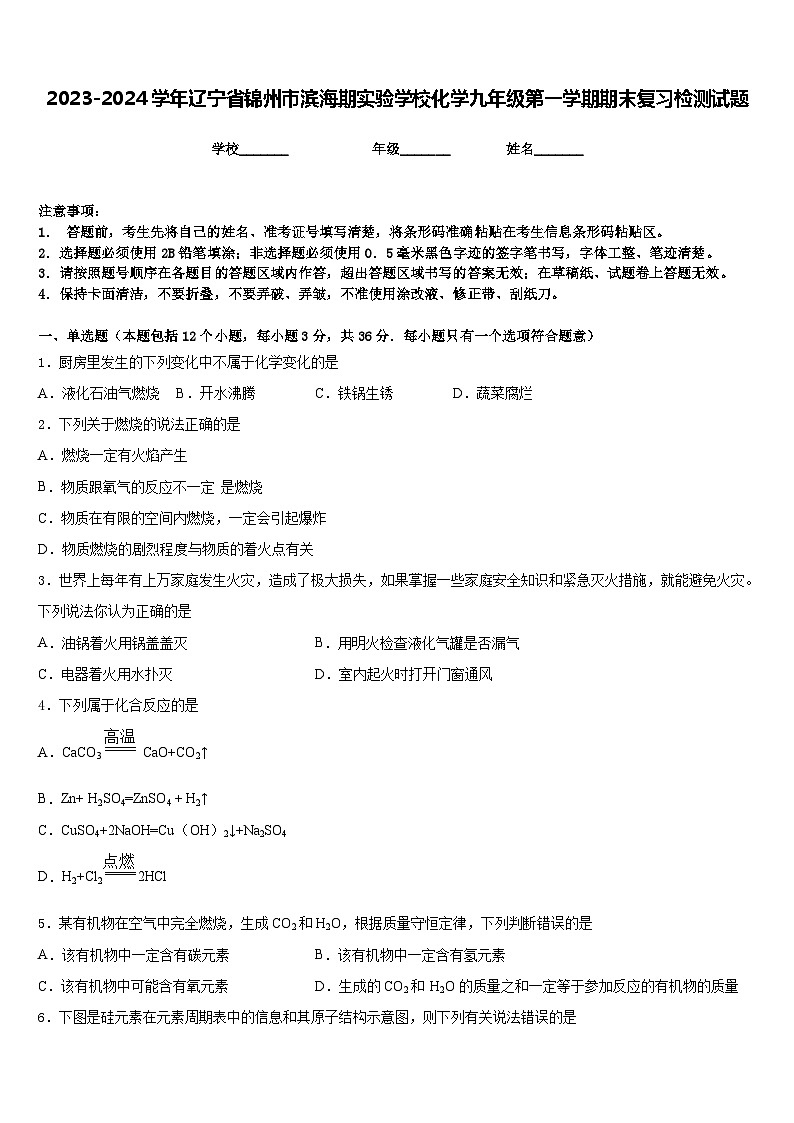 2023-2024学年辽宁省锦州市滨海期实验学校化学九年级第一学期期末复习检测试题含答案第1页