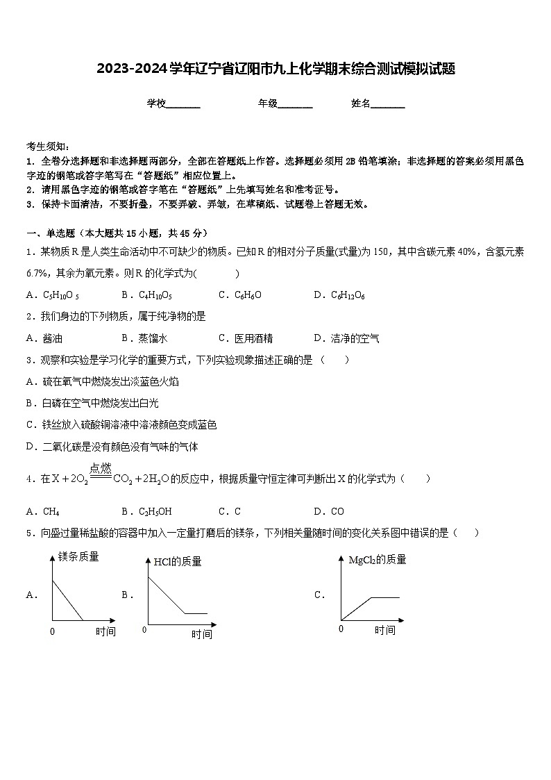 2023-2024学年辽宁省辽阳市九上化学期末综合测试模拟试题含答案第1页