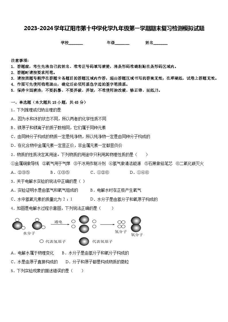 2023-2024学年辽阳市第十中学化学九年级第一学期期末复习检测模拟试题含答案第1页