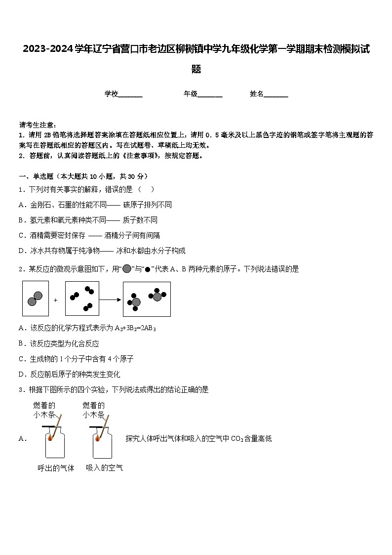 2023-2024学年辽宁省营口市老边区柳树镇中学九年级化学第一学期期末检测模拟试题含答案第1页