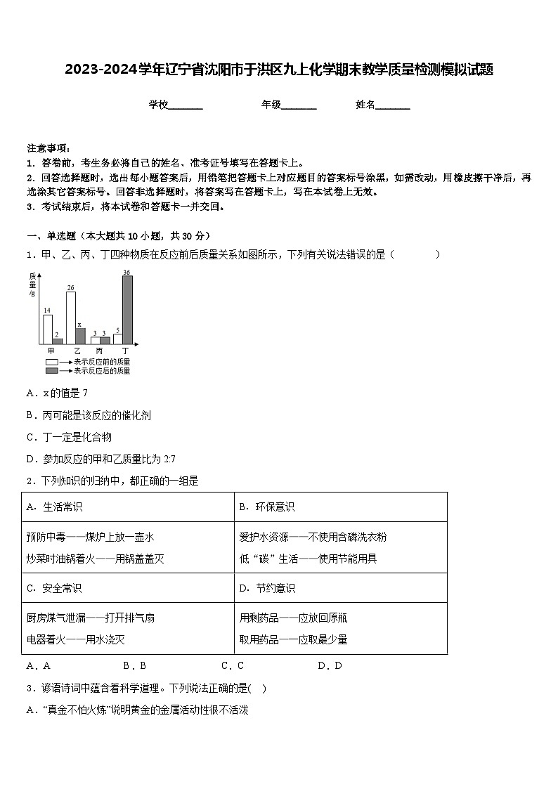 2023-2024学年辽宁省沈阳市于洪区九上化学期末教学质量检测模拟试题含答案第1页
