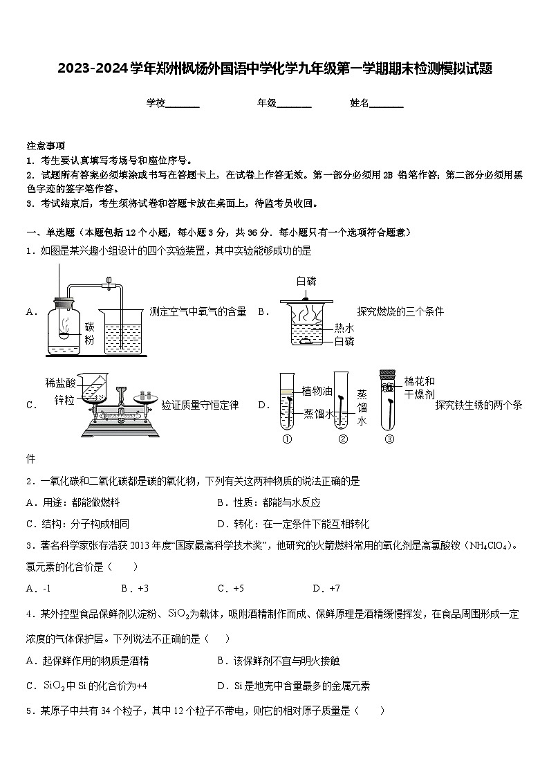 2023-2024学年郑州枫杨外国语中学化学九年级第一学期期末检测模拟试题含答案第1页