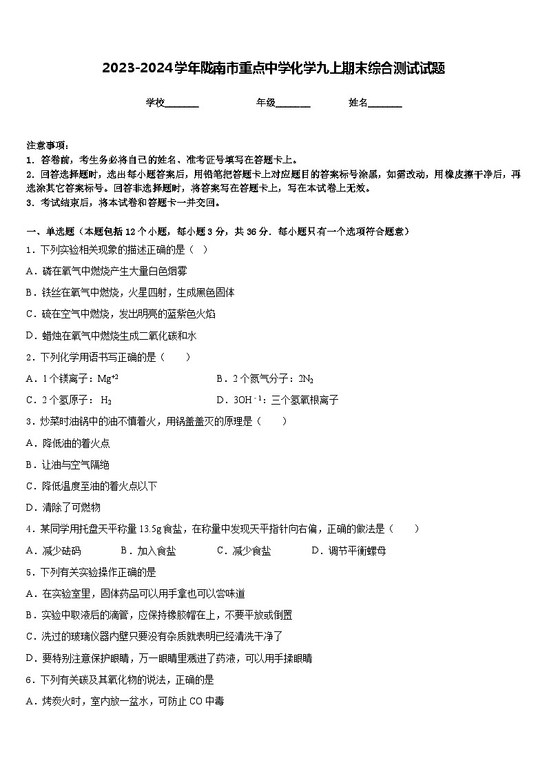 2023-2024学年陇南市重点中学化学九上期末综合测试试题含答案第1页