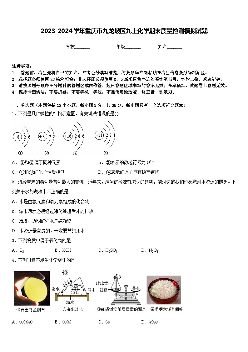 2023-2024学年重庆市九龙坡区九上化学期末质量检测模拟试题含答案01