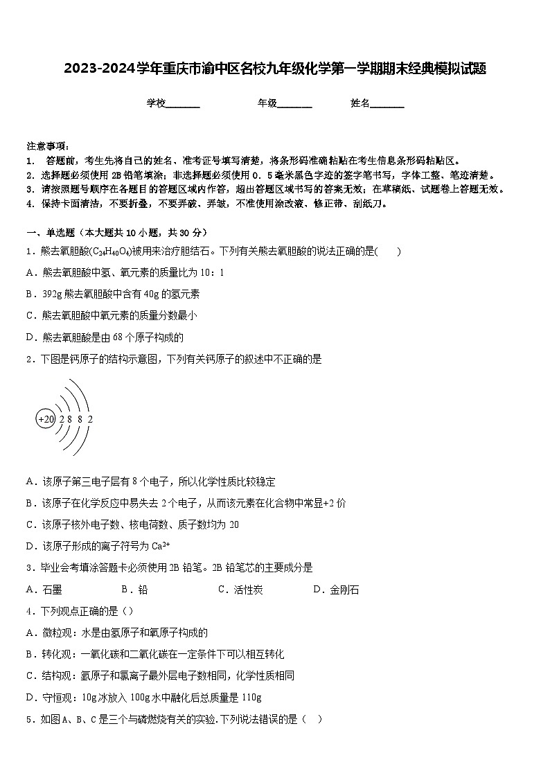 2023-2024学年重庆市渝中区名校九年级化学第一学期期末经典模拟试题含答案第1页