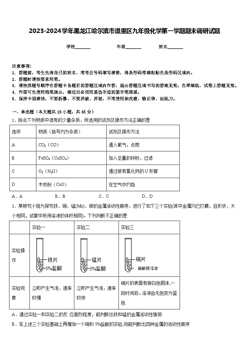 2023-2024学年黑龙江哈尔滨市道里区九年级化学第一学期期末调研试题含答案01
