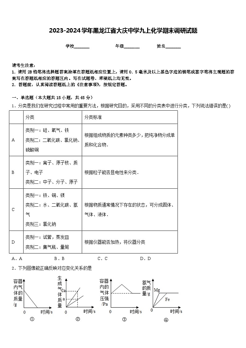 2023-2024学年黑龙江省大庆中学九上化学期末调研试题含答案01
