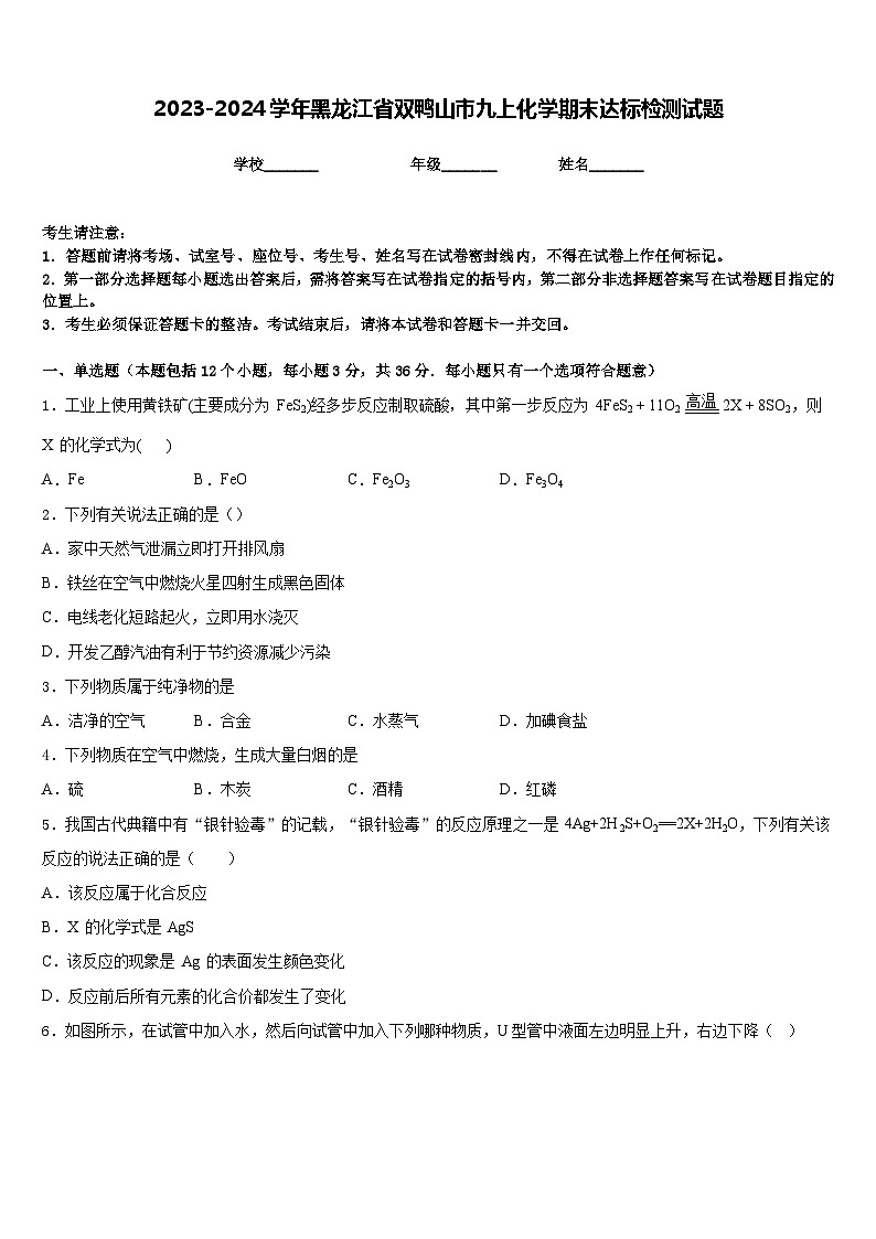 2023-2024学年黑龙江省双鸭山市九上化学期末达标检测试题含答案第1页