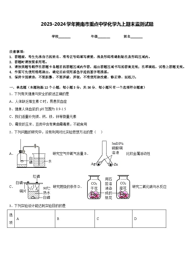 2023-2024学年黄南市重点中学化学九上期末监测试题含答案第1页