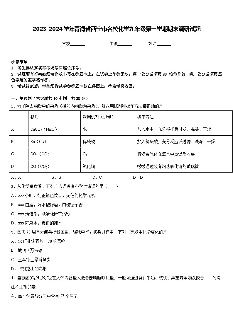 2023-2024学年青海省西宁市名校化学九年级第一学期期末调研试题含答案01