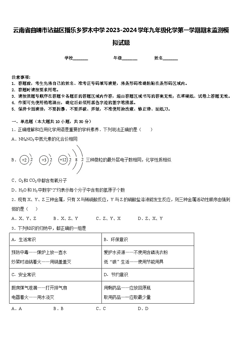 云南省曲靖市沾益区播乐乡罗木中学2023-2024学年九年级化学第一学期期末监测模拟试题含答案第1页