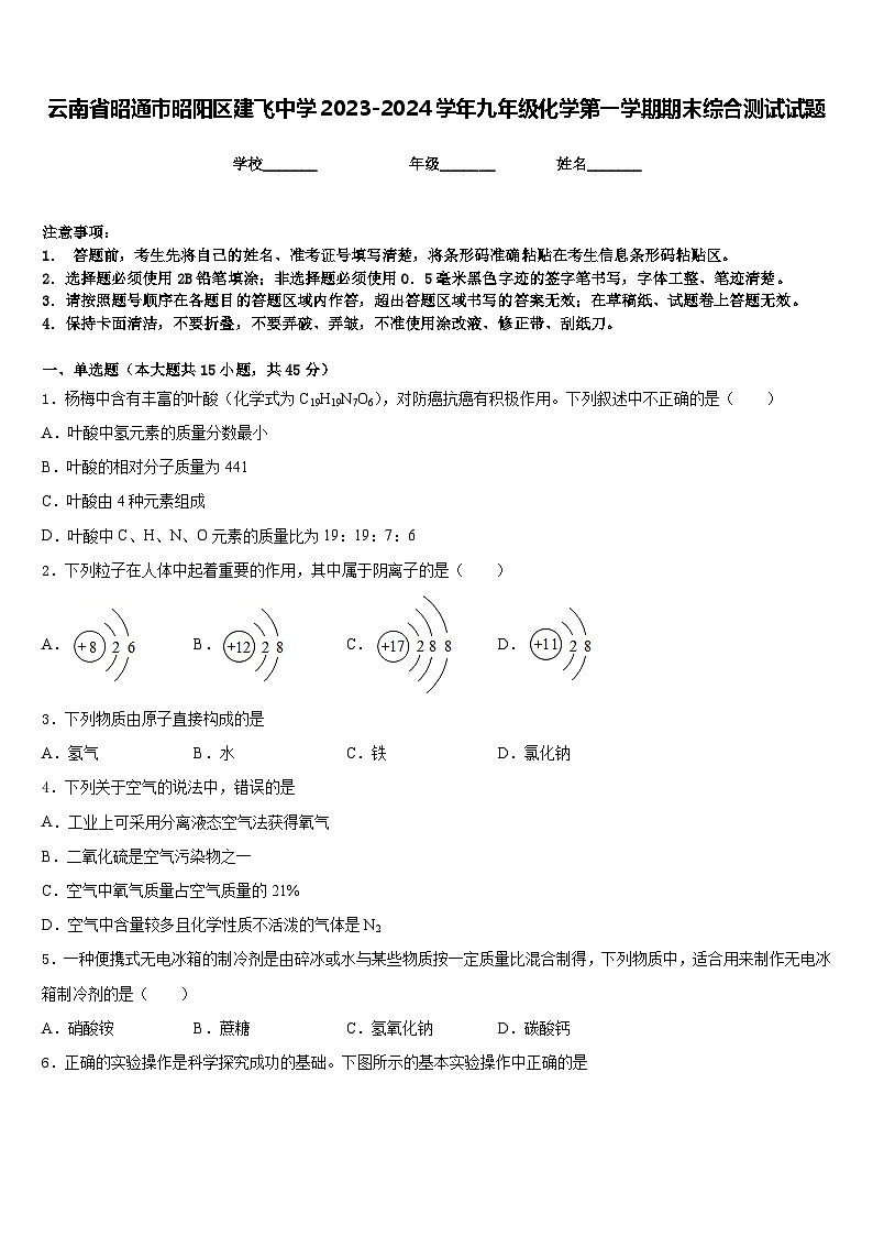 云南省昭通市昭阳区建飞中学2023-2024学年九年级化学第一学期期末综合测试试题含答案01
