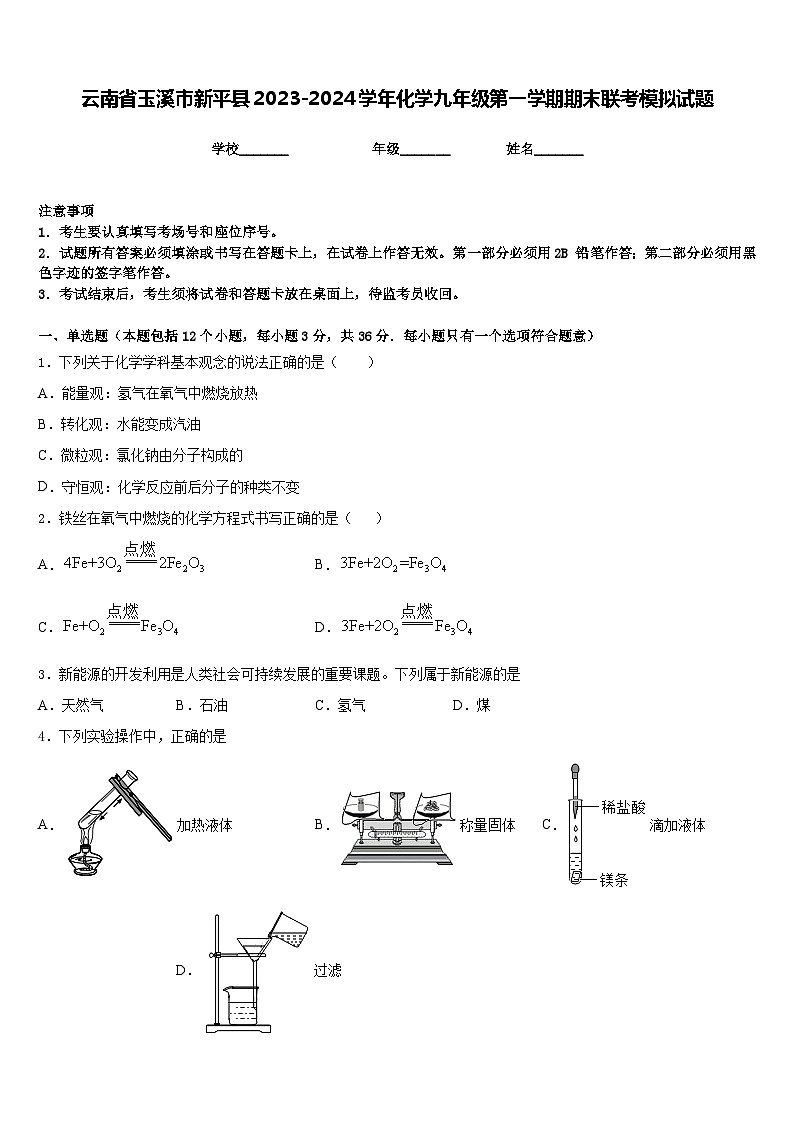 云南省玉溪市新平县2023-2024学年化学九年级第一学期期末联考模拟试题含答案01