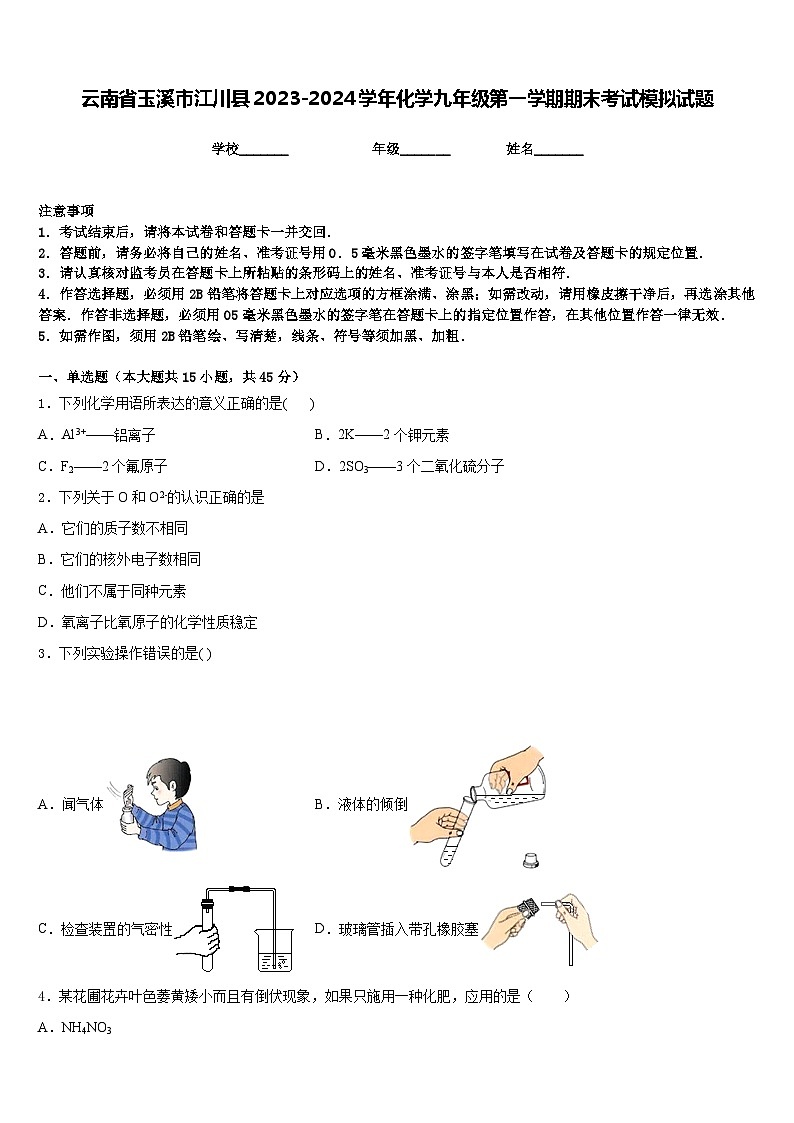 云南省玉溪市江川县2023-2024学年化学九年级第一学期期末考试模拟试题含答案01