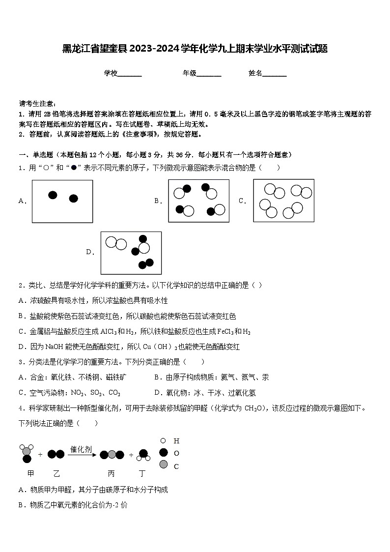黑龙江省望奎县2023-2024学年化学九上期末学业水平测试试题含答案01