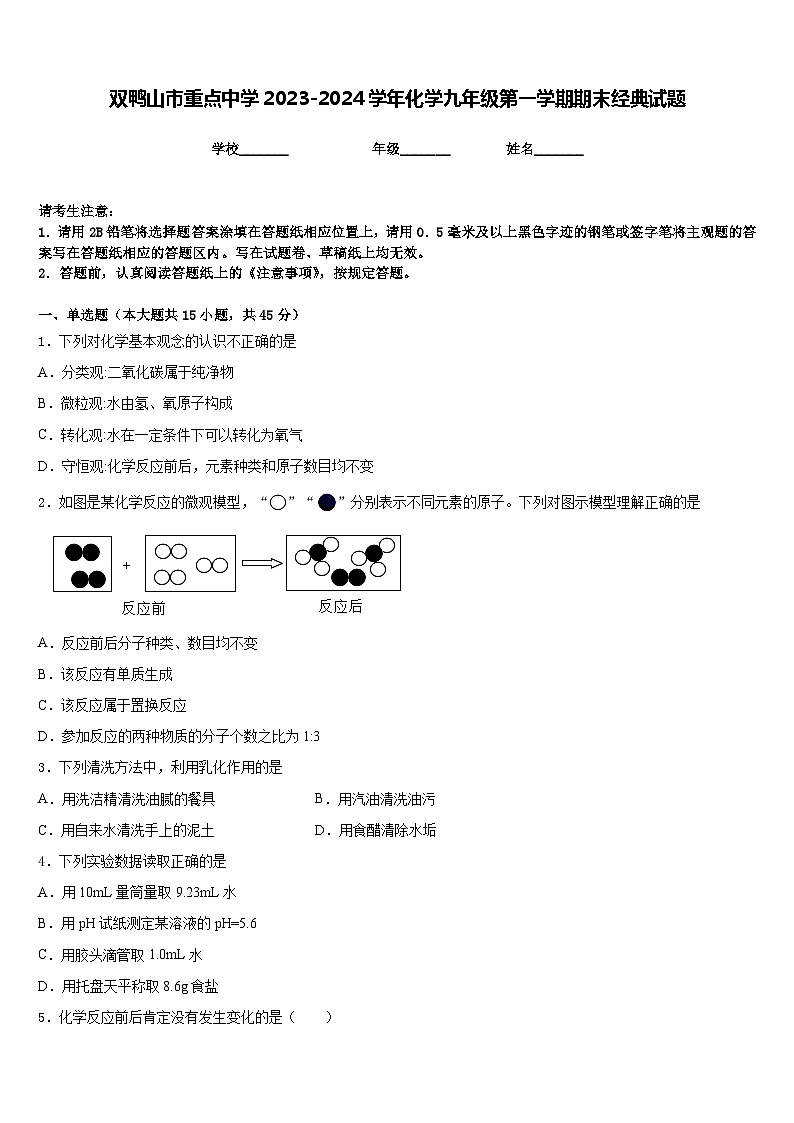 双鸭山市重点中学2023-2024学年化学九年级第一学期期末经典试题含答案01