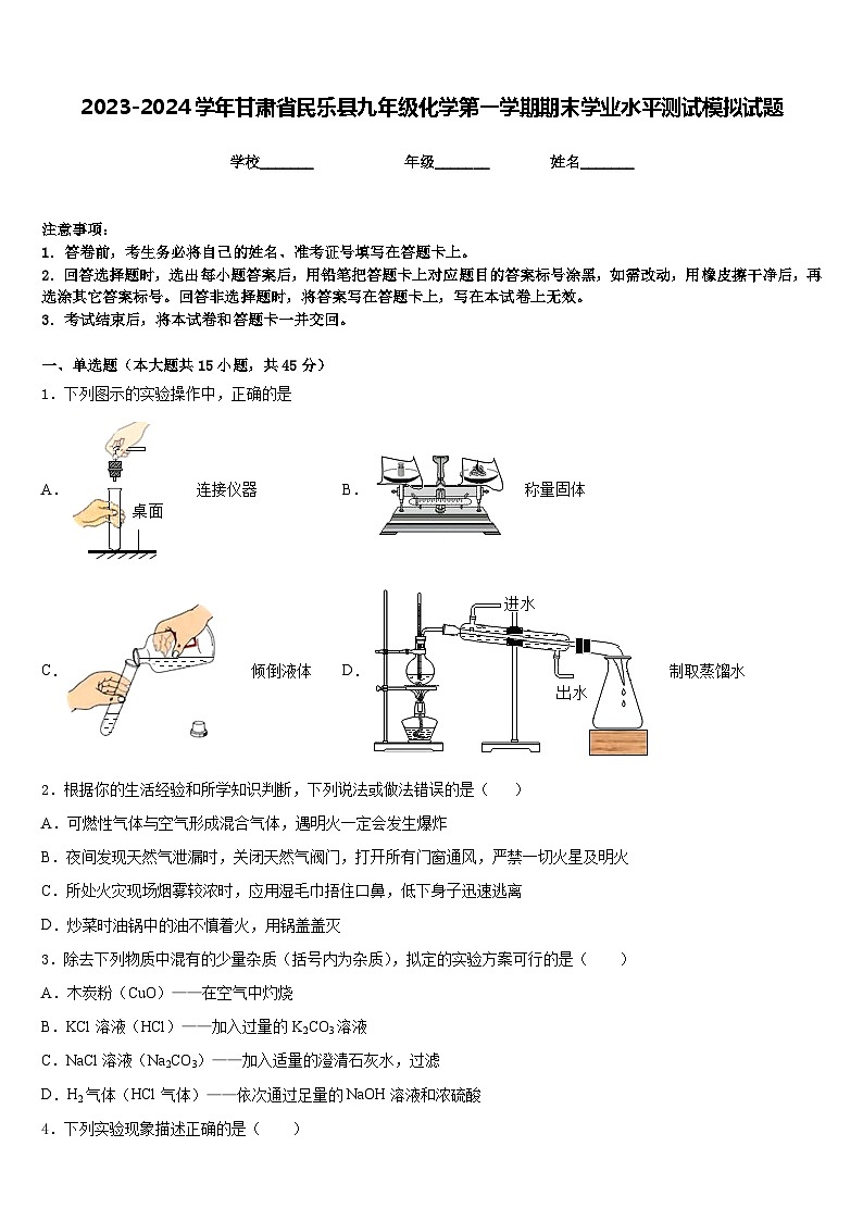 2023-2024学年甘肃省民乐县九年级化学第一学期期末学业水平测试模拟试题含答案01