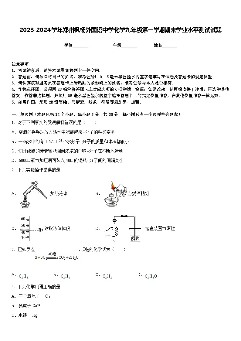 2023-2024学年郑州枫杨外国语中学化学九年级第一学期期末学业水平测试试题含答案01