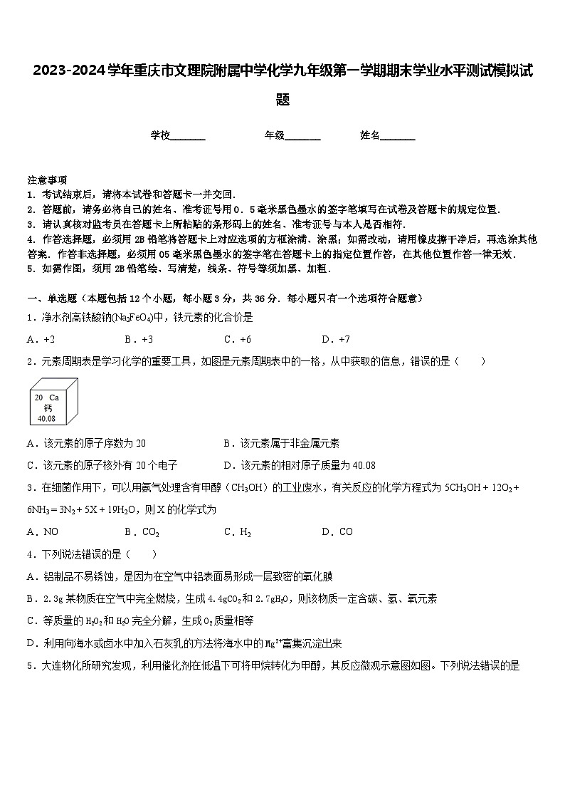 2023-2024学年重庆市文理院附属中学化学九年级第一学期期末学业水平测试模拟试题含答案01