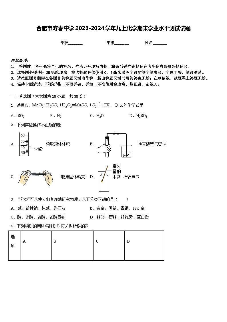 合肥市寿春中学2023-2024学年九上化学期末学业水平测试试题含答案第1页
