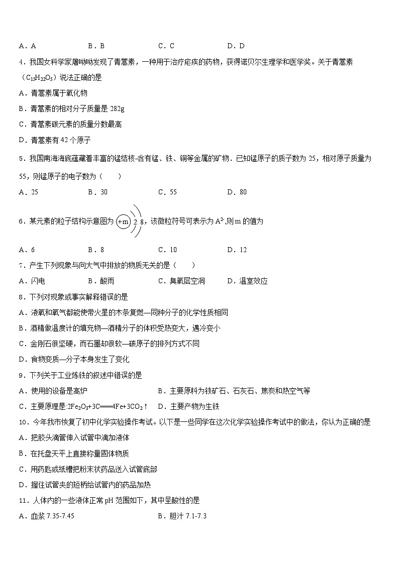 吉林省长春市解放大路中学2023-2024学年九上化学期末检测模拟试题含答案第2页