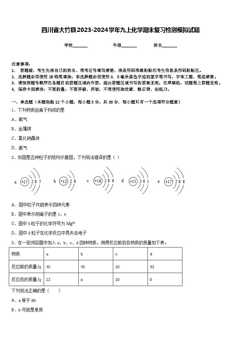 四川省大竹县2023-2024学年九上化学期末复习检测模拟试题含答案第1页