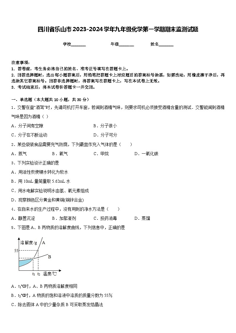 四川省乐山市2023-2024学年九年级化学第一学期期末监测试题含答案第1页