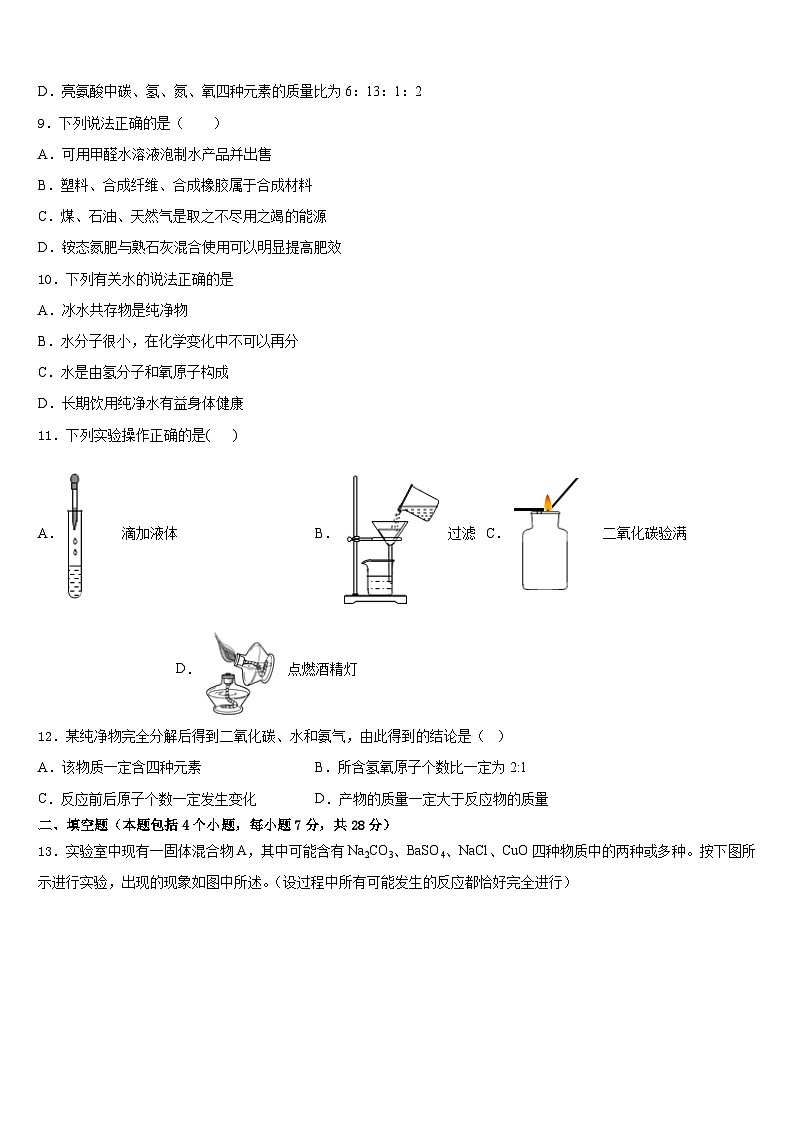 四川省南充市广安市广安中学2023-2024学年化学九年级第一学期期末综合测试试题含答案第3页